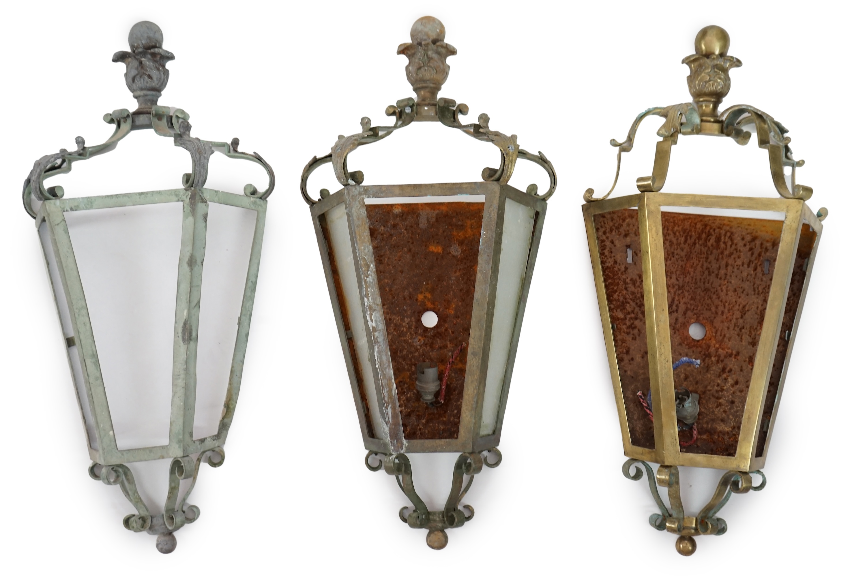 A set of three antique French brass wall lights